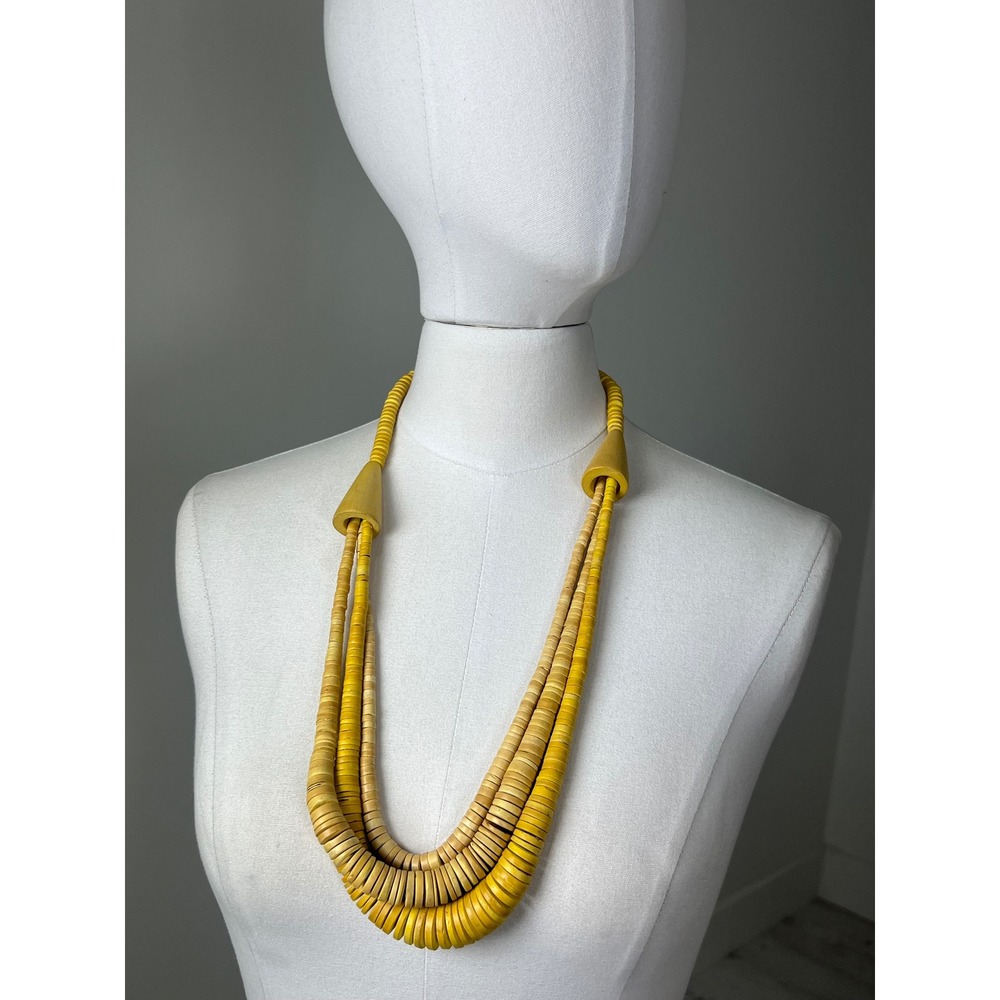 Vintage Mustard Yellow Coconut Shell Disc Layered Necklace Beaded Boho Tropical